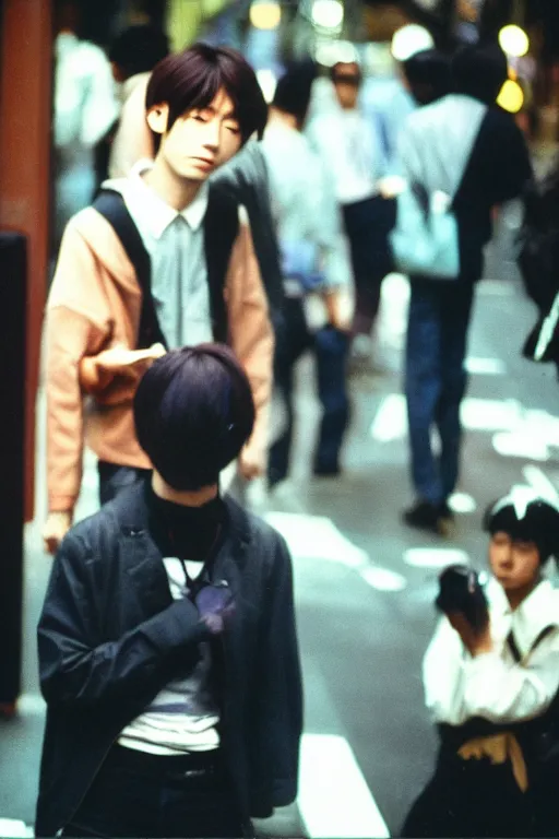 Image similar to street photography of a young japanese man in 9 0 s fashion, in tokyo shinjuku, shot on cinestill 5 0 d with a canon 3 5 mm at f / 5. 6 lens, haruto hoshi, yang seung - woo, saul leiter