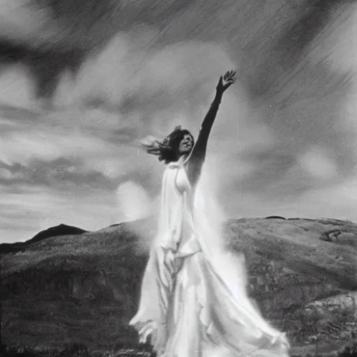 Prompt: 1 9 7 0's artistic western movie, a woman in a giant billowy wide flowing waving dress made out of white smoke, standing inside a dark western rocky scenic landscape, volumetric lighting