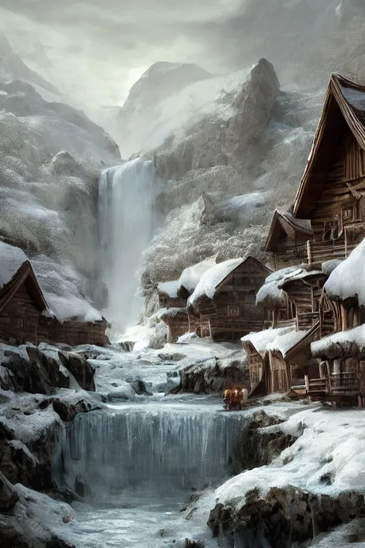 Image similar to mountain village with wooden viking houses on top of a waterfall in the snow, blizzard, a small stream runs beneath the waterfall, iceicles, landscape, raphael lacoste, eddie mendoza, alex ross, concept art, matte painting, highly detailed, rule of thirds, dynamic lighting, cinematic, detailed, denoised, centerd