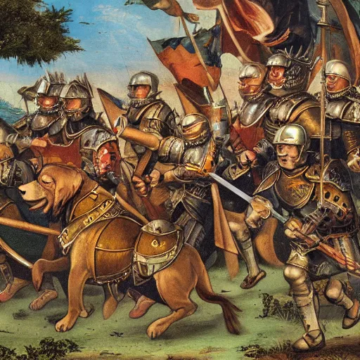 Image similar to Dog warriors riding lions into battle, medieval weapons and armour