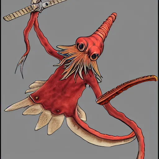 Image similar to harpy squid wearing a fez wielding a sword, realistic, very detailed, intricate, 8k res