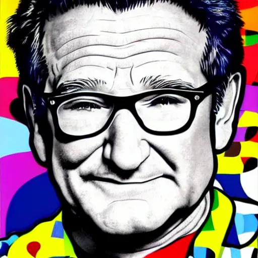 Prompt: portrait of robin williams by romero britto and haruki murakami : 1 high contrast, hard edges, matte painting, geometric shapes, masterpiece : 1