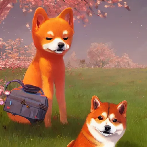 Prompt: realistic style shiba inu and orange cat play under blooming cherry tree, by simon stalenhag, wlop and krenz cushart, epic fantasy character art, cheerful colours, full length, exquisite detail, artstation, concept art, - n 9