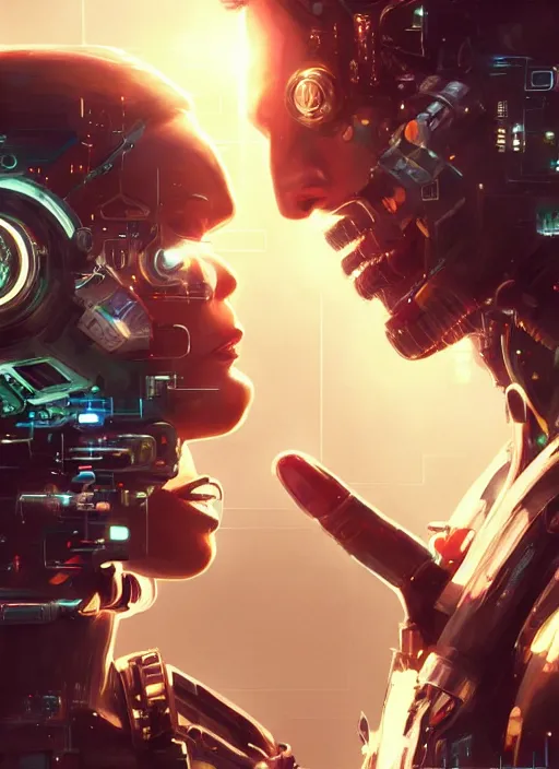 Image similar to ultra realistic close - up of a couple of cyborgs kissing, lovers, cyberpunk, sci - fi, fantasy, kodak, led color, flare, soft light, night, highly detailed, digital painting, concept art, sharp focus, illustration, art by artgerm and greg rutkowski