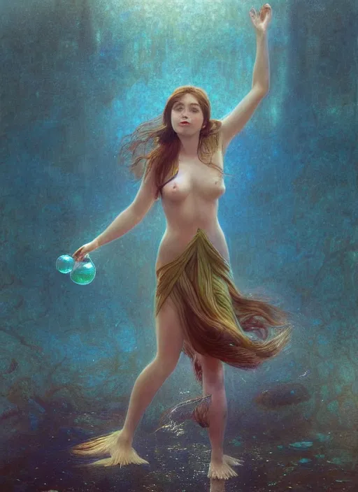 Image similar to hyper realist matte digital painting of a young beautiful woman, beautiful face, full body, head to toe, jugendstill, floating in water, weightless, bubbles rising, seaweed, headspace, fairytale, fantasy art, photo realistic, dynamic lighting, artstation, volumetric lighting, by mucha, by charlie bowater, by karol bak, by alma tadema