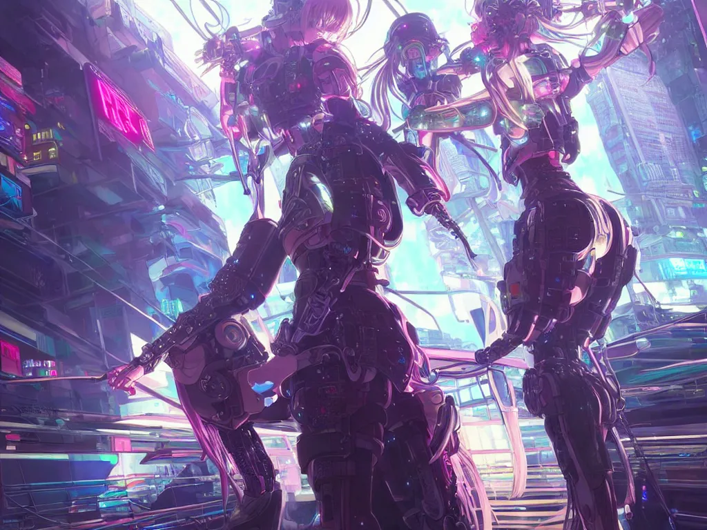 Image similar to anime visual of futuristic cyber warrior girl, in future cyberpunk neon light reflected tokyo rooftop, ssci - fi and fantasy, intricate and very beautiful and elegant, highly detailed, digital painting, artstation, concept art and smooth and sharp focus, illustration, art by huaixuan xiang and tian zi and alphonse mucha and wlop