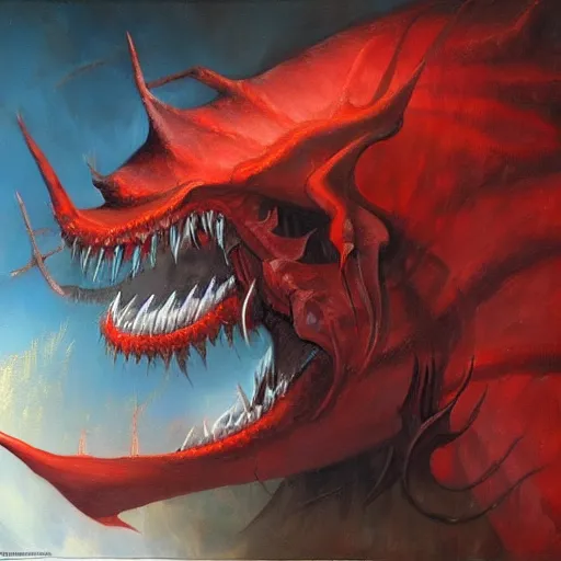 Image similar to detailed wide shot red gyrados in water shooting hyperbeam from fanged mouth angry intricate, hyper detailed, realistic, oil painting, by julie bell, frank frazetta, cinematic lighting