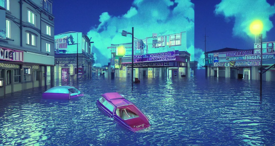 Prompt: a poignant 80s vaporwave outrun 3d Render of a german town being flooded at night, retro, nostalgic melancholy, grainy, noisy