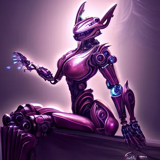 Image similar to highly detailed exquisite fanart, of a beautiful female warframe, but as an anthropomorphic robot dragon, sitting regally on a soft green sofa, with robot dragon head, shining reflective off-white plated armor, bright Fuchsia skin, full body shot, epic cinematic shot, realistic, professional digital art, high end digital art, DeviantArt, artstation, Furaffinity, 8k HD render, epic lighting, depth of field