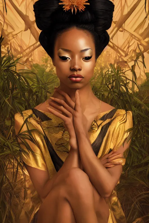 Image similar to stunningly beautiful, nubian geisha prima ballerina in jungle, symmetrical face, golden hour, smooth, focus, highly detailed, hyper realistic, dramatic lighting, elegant, intricate, concept art, art by wlop, mars ravelo, greg rutowski, artstation