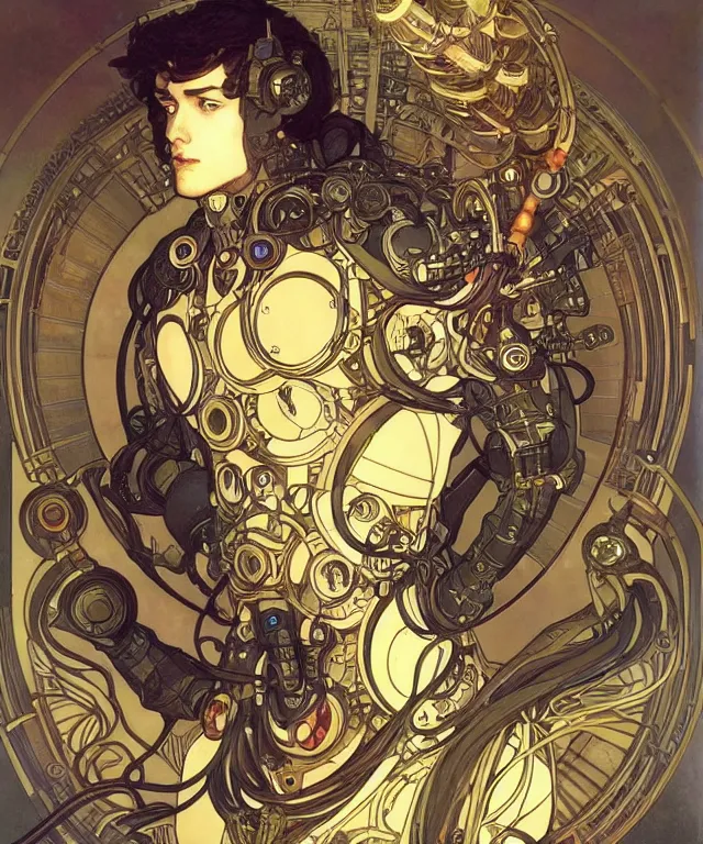 Image similar to realistic detailed portrait of a male! mecha cyberpunk! monk! by alphonse mucha and charlie bowater and art germ, rule of thirds, golden ratio, art nouveau! cyberpunk! style, mechanical accents!, mecha plate armor, glowing leds, flowing wires with leaves, art nouveau accents, art nouveau patterns and geometry, rich deep moody colors