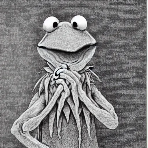 Prompt: Kermit the Frog from Sesame Street by Gustave Dore, full body grayscale drawing