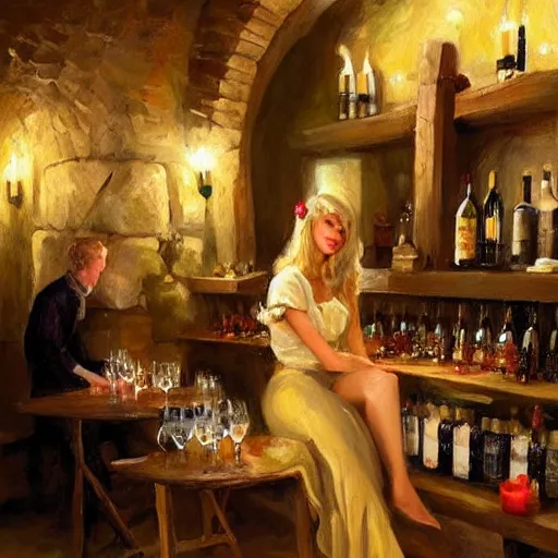 Image similar to wine cellar full of food, torches on the wall, schnapps, romantic, inviting, cozy, blonde woman, painting Vladimir Volegov