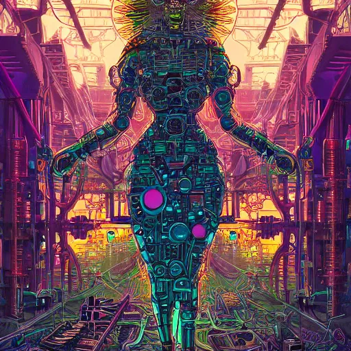 Image similar to the transhuman priestess surrounded by mechanical plants, Dan Mumford, Aaron Diaz