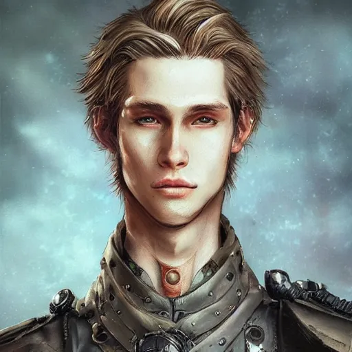 Prompt: portrait of a man by ayami kojima, norwegian, he is about 2 0 years old, blond short hair, tall and strong, older brother vibes, he is wearing a steampunk tactical gear, highly detailed portrait, digital painting, artstation, concept art, smooth, sharp foccus ilustration, artstation hq