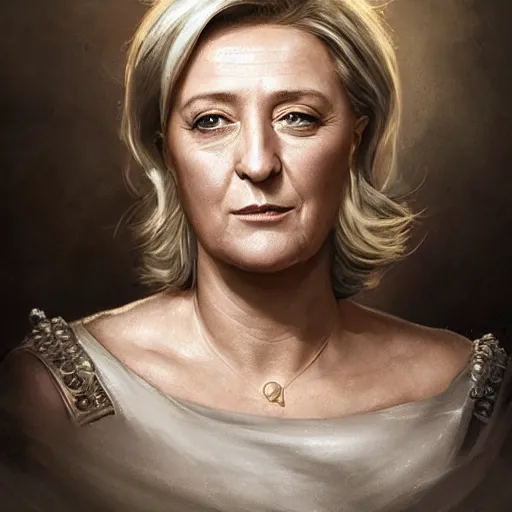 Image similar to Portrait of Marine le Pen , french revolution, amazing splashscreen artwork, splash art, head slightly tilted, natural light, elegant, intricate, fantasy, atmospheric lighting, cinematic, matte painting, detailed face, by Greg rutkowski