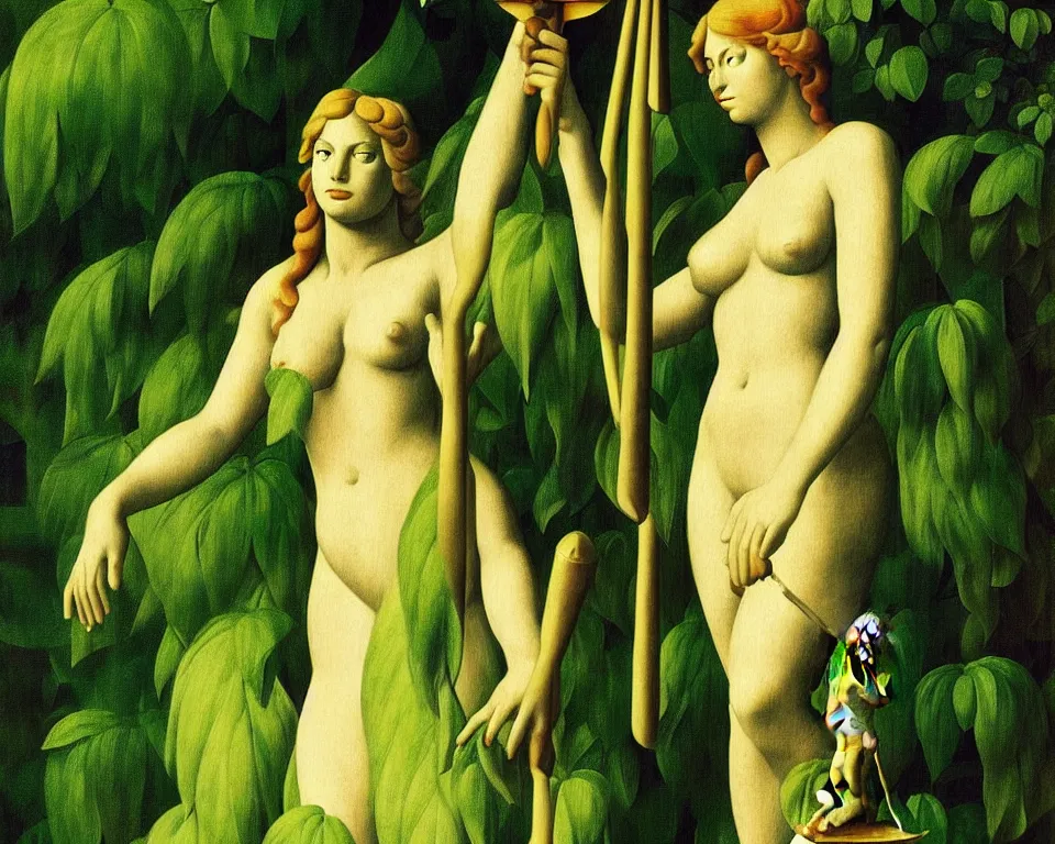 Prompt: an achingly beautiful print of lady justice in the rainforest by Raphael, Hopper, and Rene Magritte. detailed, romantic, enchanting, trending on artstation.