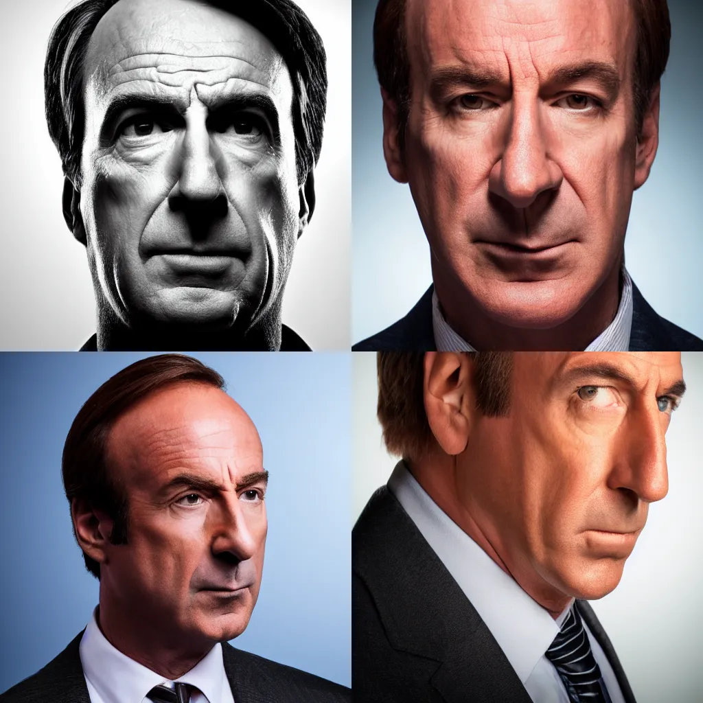 Prompt: close-up backlit studio photography of Saul Goodman staring with a blank face at the camera, black background, 2700K