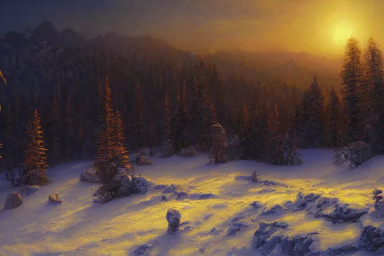 Image similar to mountains, trees, beautiful nature, winter, night, stars, very detailed, focused, cinematic lighting, oil painting, colorful, canvas, artstation, Sydney Mortimer Laurence, Albert Bierstadt