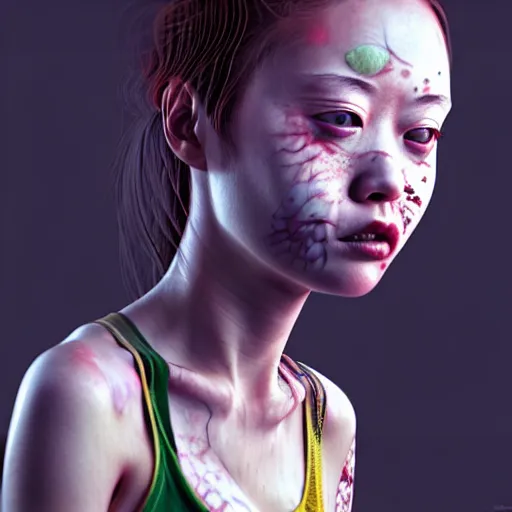 Prompt: terrifying closeup portrait of a beautiful carefree stoner girl in tanktop covered in rats, by katsuhiro otomo, yoshitaka amano, nico tanigawa, rendered with intense 3 d effect reflective shadowing, cinematic lighting, hyperrealistic illustration uhd 8 k