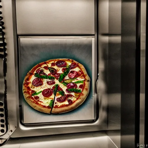 Prompt: a dinosaur with a pizza in an elevator, security camera photo, realistic, hdr