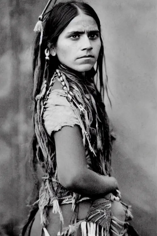 Image similar to “Photo of Native American indian woman Emma Watson, portrait, skilled warrior of the Chiricahua Apache, Lozen was the sister of Victorio a prominent Chief, showing pain and sadness on her face, ancient, realistic, detailed, emma watson”