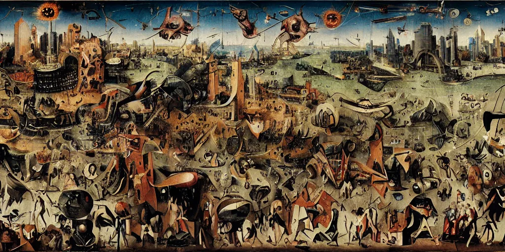 Image similar to The final battle between the Avengers and the Chitauri in New York by Hieronymus Bosch