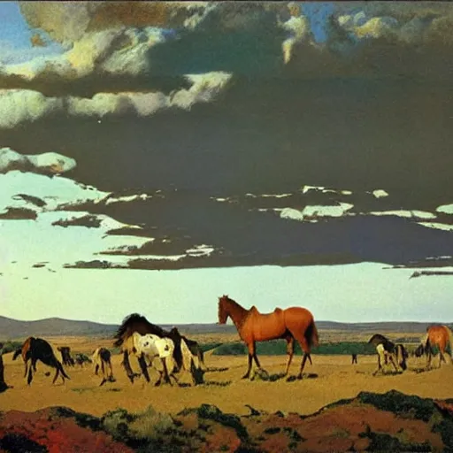 Prompt: towering cumulonimbus clouds looming over a mesa in a sunny western landscape with a herd of wild horses in the foreground by nc wyeth by frederic remington