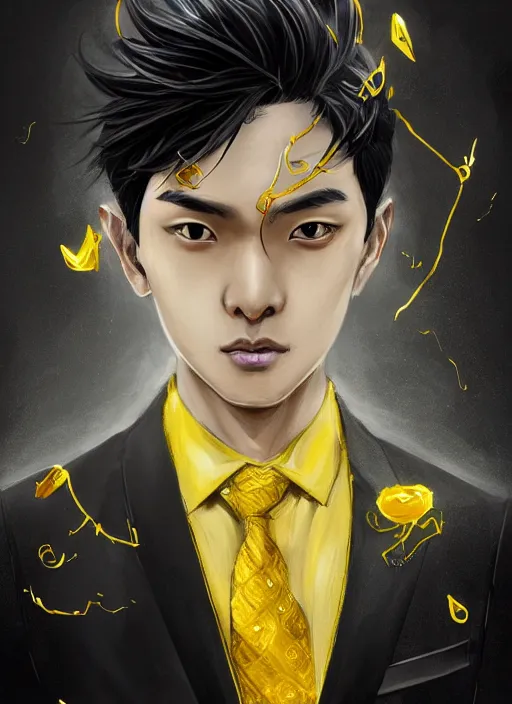 Image similar to a highly detailed illustration of young attractive black haired asian boy wearing black suit and tie with coattails, yellow eyes, dramatic elegant pose, strings background, intricate, elegant, highly detailed, centered, digital painting, artstation, concept art, smooth, sharp focus, league of legends concept art, wlop.