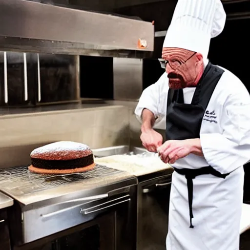 Prompt: walter white cooking a cake with chef hat