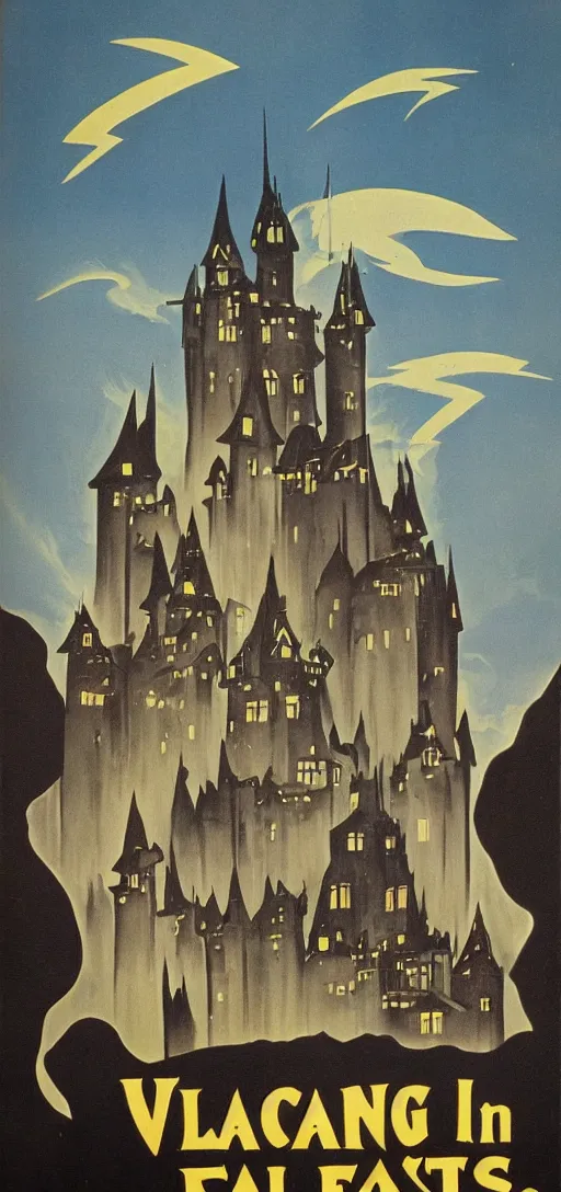 Prompt: black fantasy castle in a montain with lightning bolts in 1940s propaganda poster