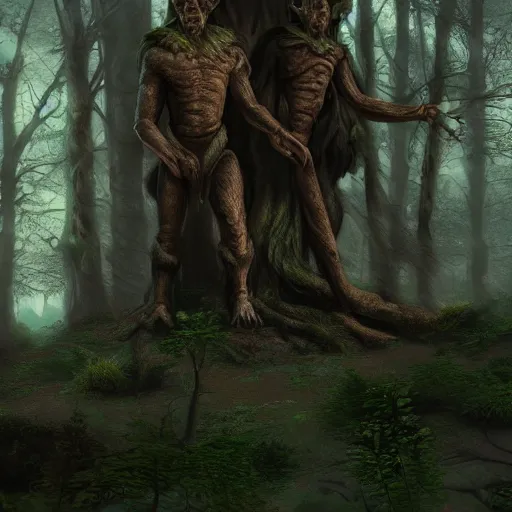 Prompt: an establishing shot of a giant with two heads two - headed double head, dnd in a dark forest, two heads, digital art, high quality render, artstation, 8 k, photograph quality, ultrahd