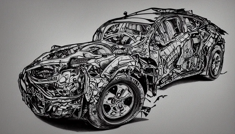 Prompt: crashed car, tattoo art design-H 600