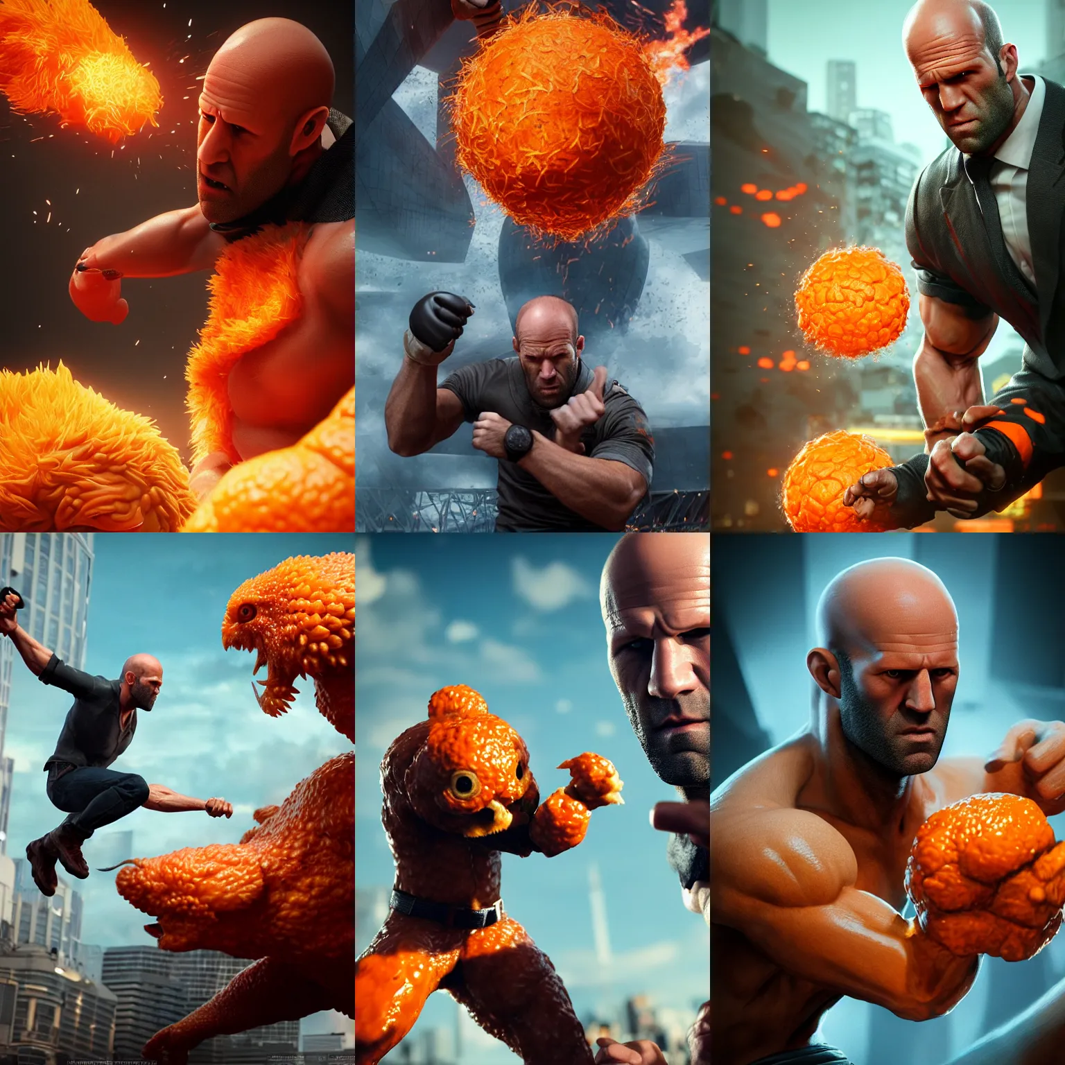 Prompt: ultrarealistic jason statham fighting a giant orange chicken by yusuke murata in tokyo, octane render, substance painter, movie action still frame, cinematic lighting, volumetric lighting, extreme intricate details, artstation, dnd art, cgsociety, sharp focus, ultra wide angle, digital painting by artgerm, gerald brom, wlop