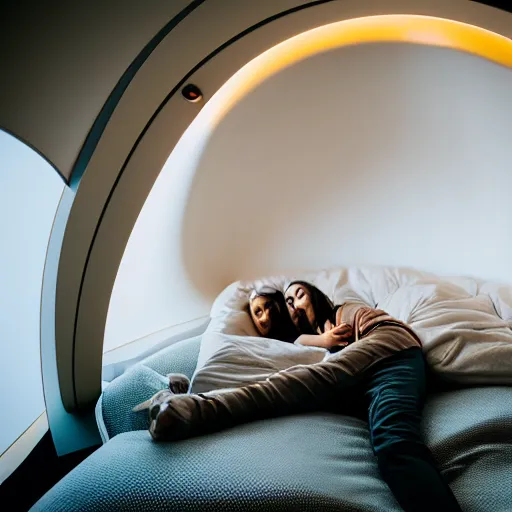 Prompt: inside cozy luxurious curved sleep-pod with wall to wall padding and sound system, amber ambient lighting, atmospheric, polyamorous, XF IQ4, 150MP, 50mm, F1.4, ISO 200, 1/160s, dawn