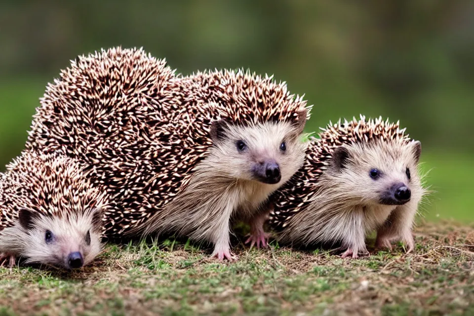 Prompt: a cute family of colourful hedgehogs, nature photography, 4k, HD photography