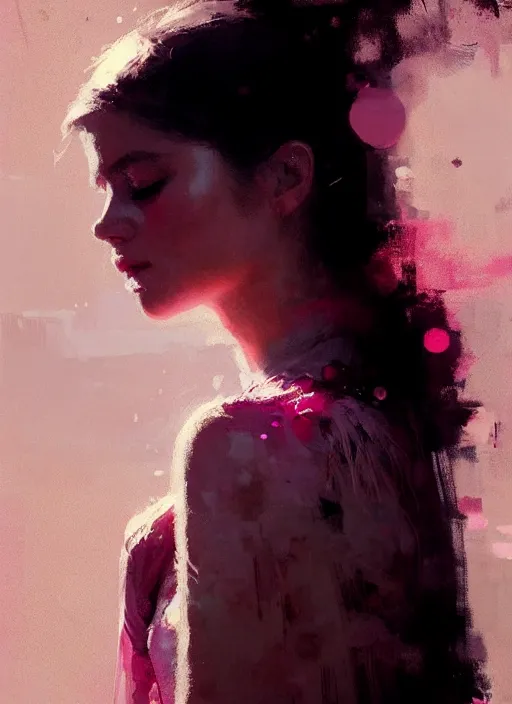 Image similar to portrait of a beautiful girl, eyes closed, shades of pink, beautiful face, rule of thirds, intricate outfit, spotlight, by greg rutkowski, by jeremy mann, digital painting