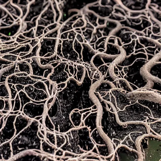 Image similar to photograph of a pitch black, tar - like fungus with lots of tendrils spreading everywhere, intricate detail, goopy, deep black roots, infestation