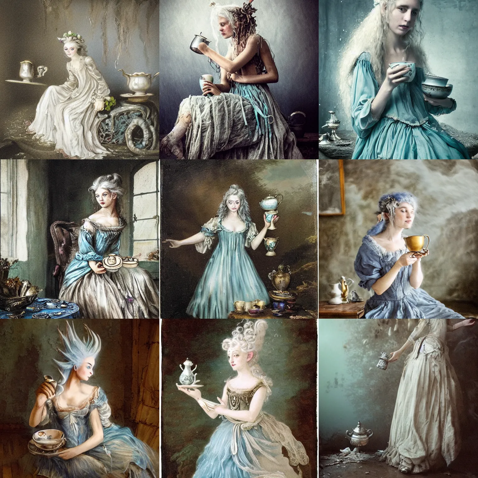 Image similar to A 18th century, messy, silver haired, (((mad))) elf princess, dressed in a ((ragged)), wedding dress, is ((drinking a cup of tea)), in her right side is a porcelain tea set. Everything is underwater. Mystical, dreamlike, atmospheric, scarry, greenish blue tones, theatrical, (((underwater lights))), high contrasts. fantasy concept art by Henry Meynell Rheam, Monet, and John Everett Millais