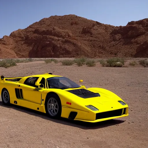 Prompt: a man wearing a yellow hazmat suit, next to a saleen s7 in the desert, directed by Alan resnick