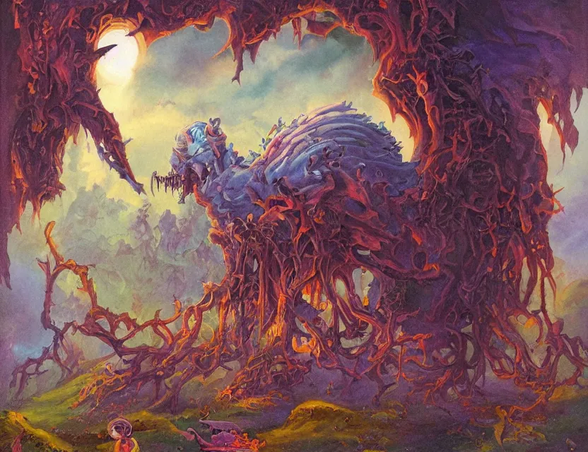 Prompt: otherwordly harbringer of doom. this oil painting by the beloved children's book illustrator has a beautiful composition, interesting color scheme and intricate details.