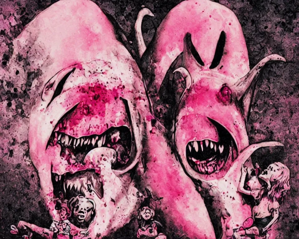 Prompt: a horror movie poster featuring a demonic pink whale eating a child