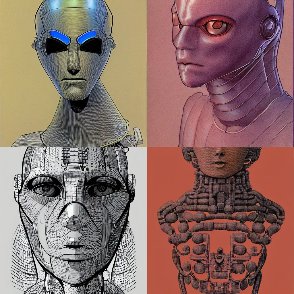 Prompt: humanoid robot portrait by Moebius