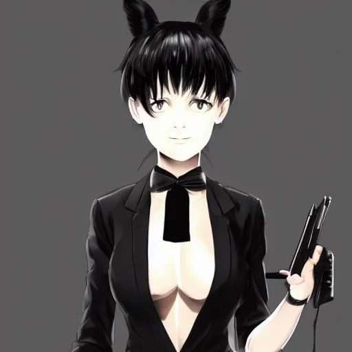 Image similar to slim girl in tuxedo with short black hair, elegant, 2d, ultra highly detailed, digital painting, smooth, sharp focus, artstation, art by Tsutomu Nihei