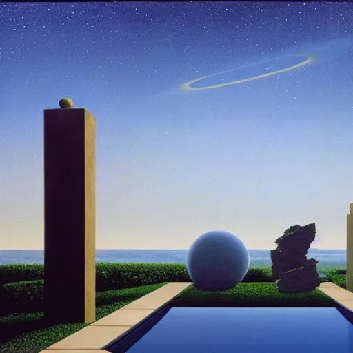 Image similar to David Ligare masterpiece, scifi nightscape, planets, hyperrealistic surrealism, award winning masterpiece with incredible details, epic stunning, infinity pool, a surreal vaporwave liminal space, highly detailed, trending on ArtStation, broken giant marble head statue ruins, calming, meditative