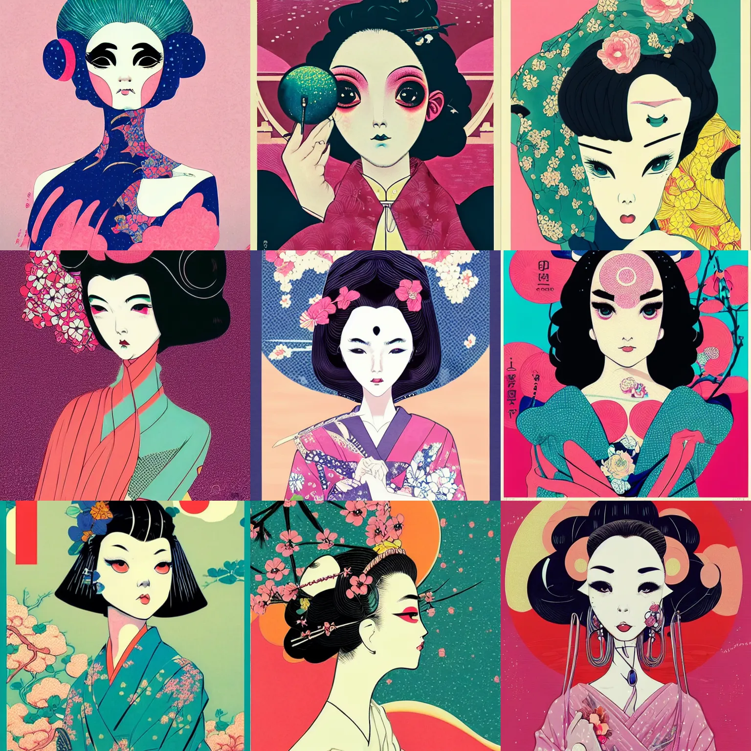 Prompt: beautiful vogue geisha by hokusai, hikari shimoda, victo ngai, classic shoujo, in the style of 6 0 s pop art, fantastic planet, minimalist poster art, pastel colors, gothic, retrofuturism, icon, skull, artstation, artgerm