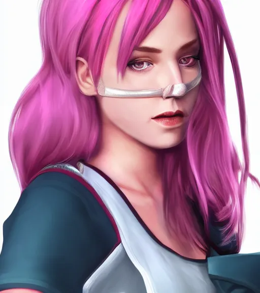 Image similar to portrait of pink haired woman in nurse uniform wearing an eyepatch, trending on artstation