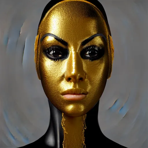 Image similar to ( ( ( ( ( hyperrealist portrait of a women wearing a black mask with golden wires on her head. ) ) ) ) ) photorealistic, octane render, unreal engine, dynamic lighting, bet face, beautiful, wlop, cute, perfect factions, trending on artstation, poster, volumetric lighting, very detailed faces, 4 k, award winning