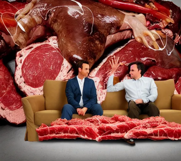 Image similar to realistic photograph of couch made out of meat, business men sitting on couch of meat and talking,