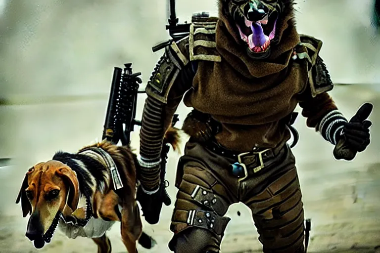 Image similar to a hound dog fursona ( from the furry fandom ), heavily armed and armored facing down armageddon in a dark and gritty version from the makers of mad max : fury road. witness me.